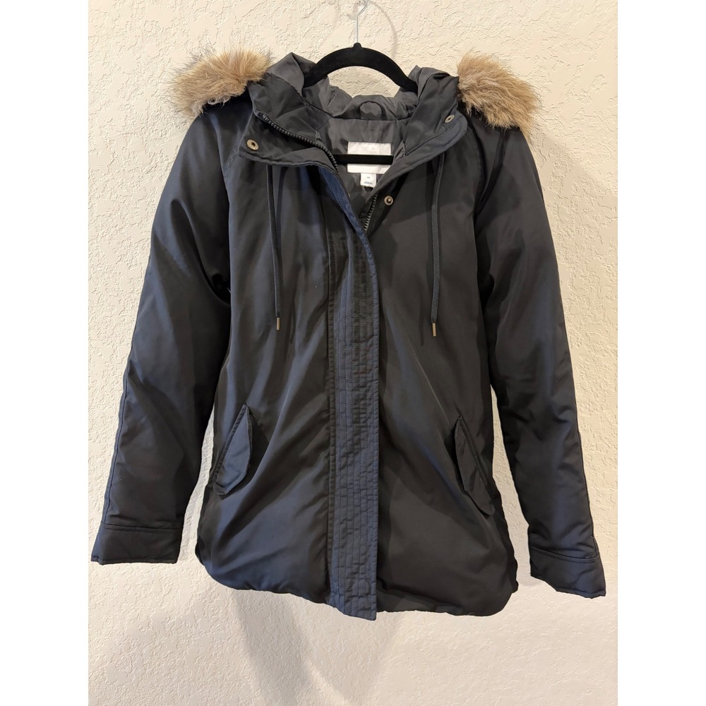 Old Navy Womens Black Faux Fur Trim Hooded Parka Jacket XS